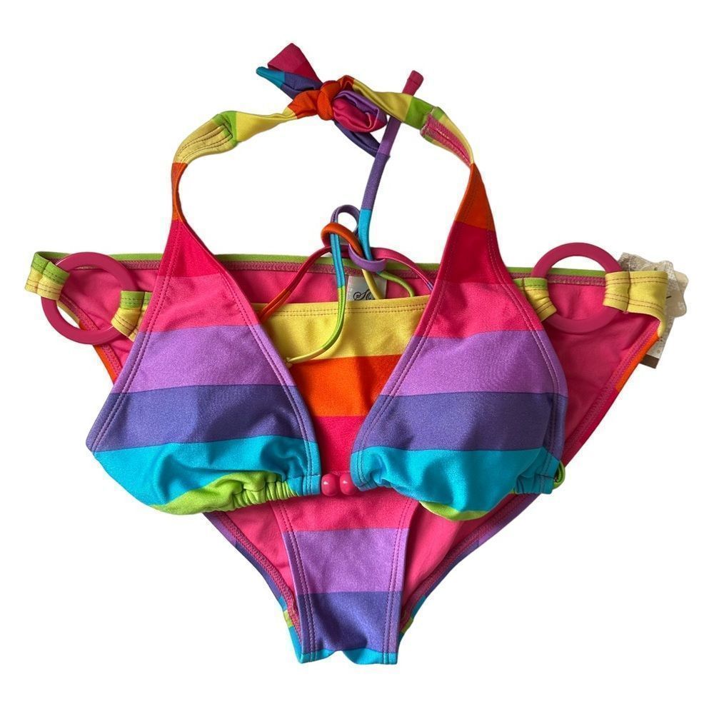 SO Rainbow Halter Y2K Bikini Set Bead Ring Details - 2 Piece Size S / L